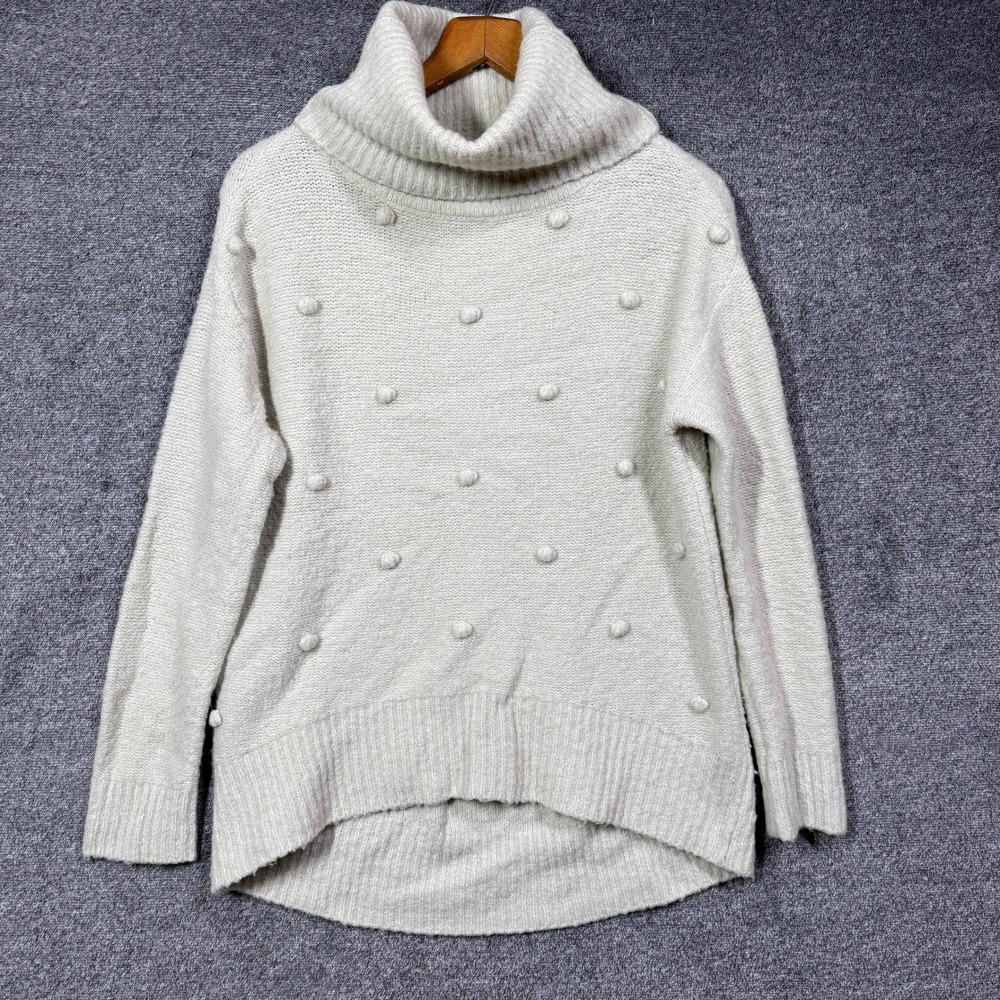 Karen Kane Sweater Wool Blend Womens XS‎ Cream Turtleneck Bobble Knit Cowl